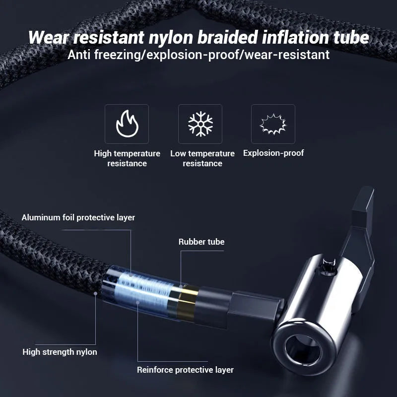 Black wireless digital display car tyre inflator pump with hose and nozzles on a grey background.
