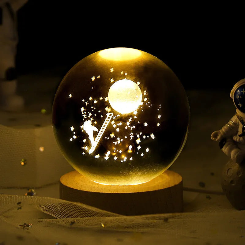 3D crystal ball night lamp with starry sky planets and moon projection on wooden base