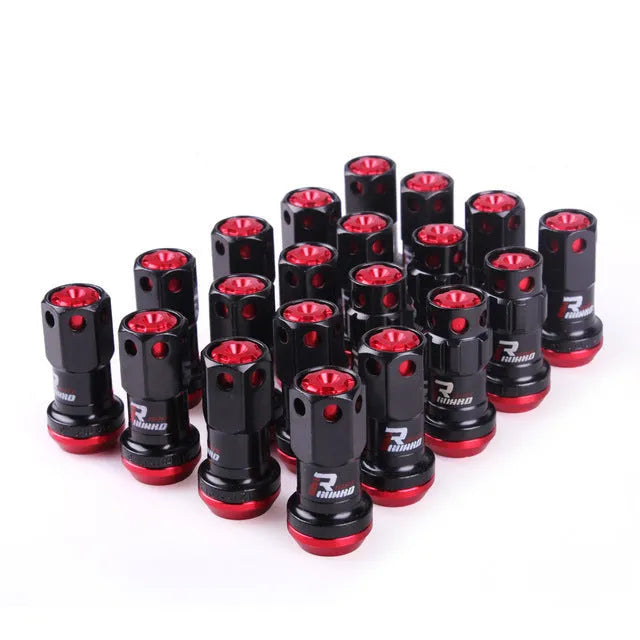 Aluminium alloy forged automobile wheel hub nut in various colours including red, gold, blue, purple, and black combinations.