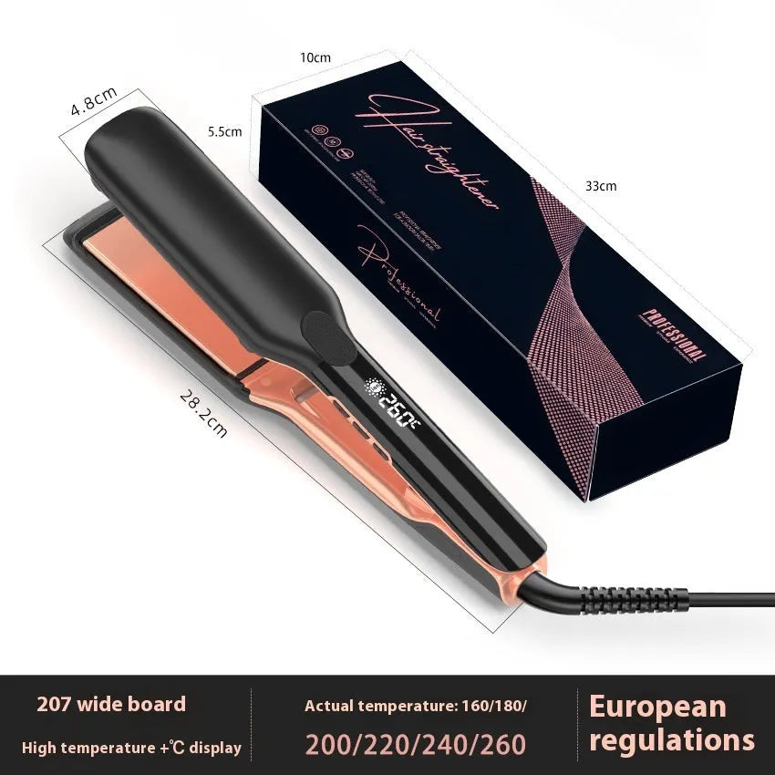 Hair straightener with digital temperature display showing 207°C setting and negative ion technology