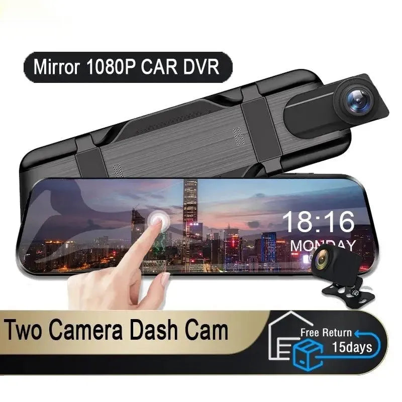 Car rearview mirror camera with 9.88 inch touch screen and motion detection placed over vehicle mirror