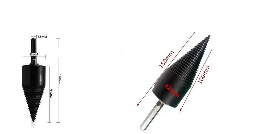 Hexagonal metal firewood splitting drill bit in 32mm and 42mm sizes for power tools.