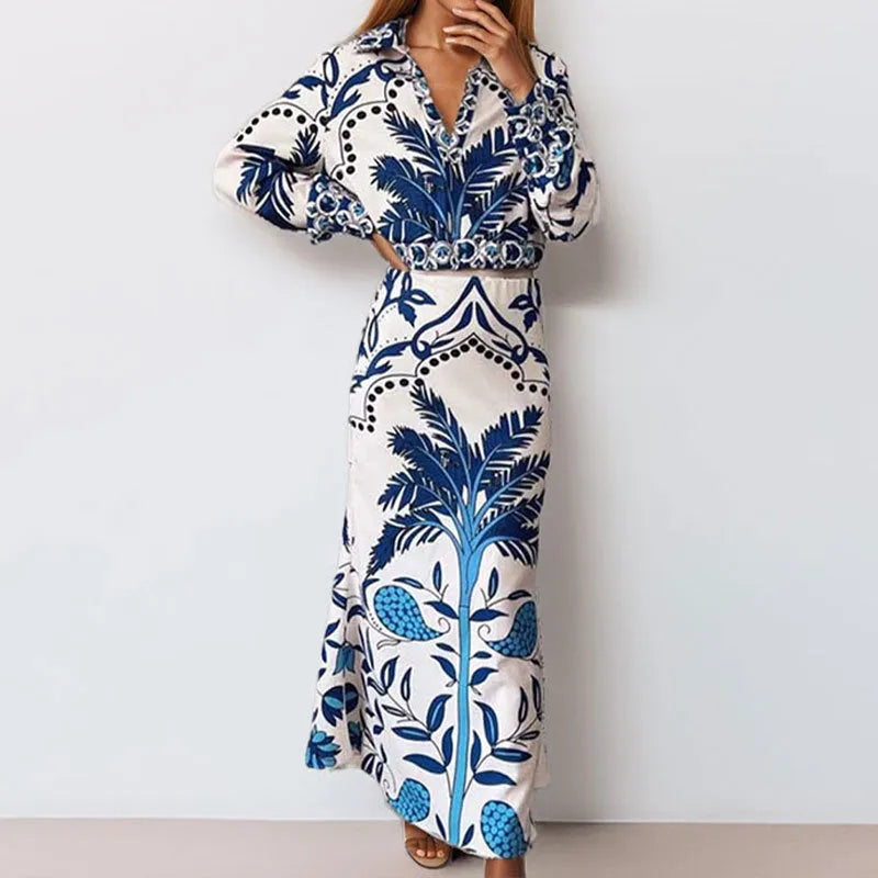 Women's floral print co-ord set with long sleeve top and matching long skirt trousers
