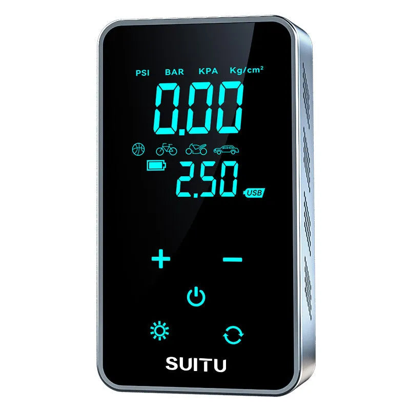 Wireless car tyre pressure inflator with LCD screen showing pressure reading