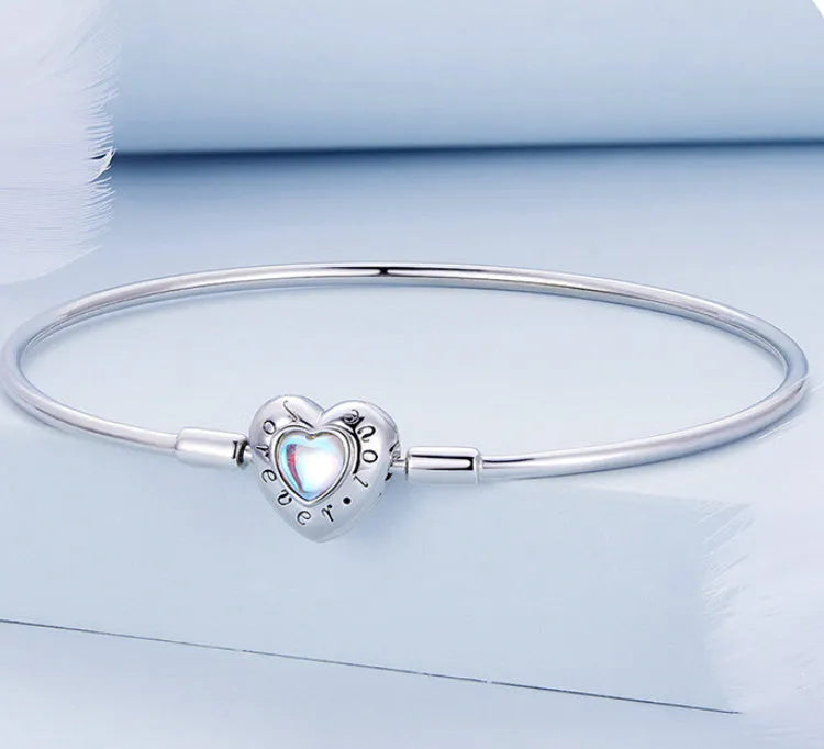 925 silver heart moonstone bracelet on white surface showing pendant and chain lengths 17cm 19cm 21cm