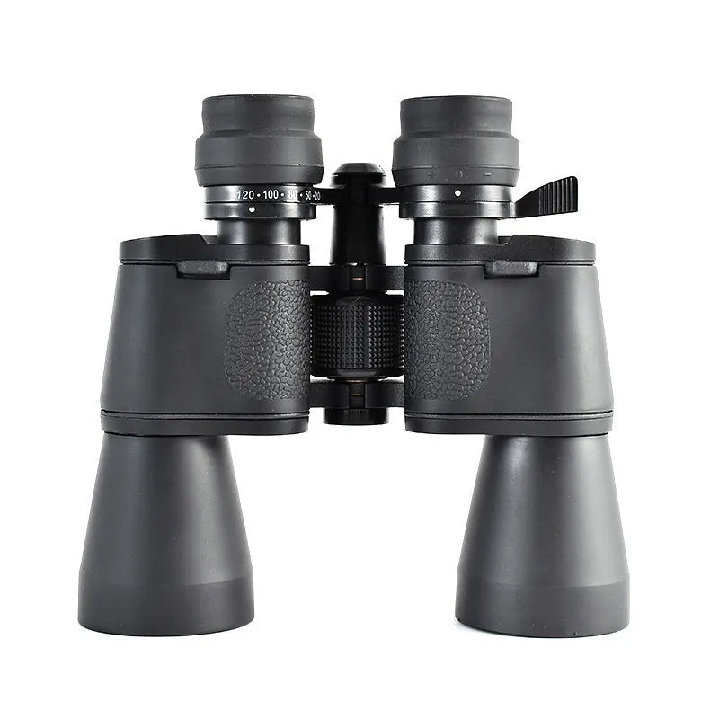 High power binocular telescope with large lenses shown on a dark background, set to 20-120x magnification.