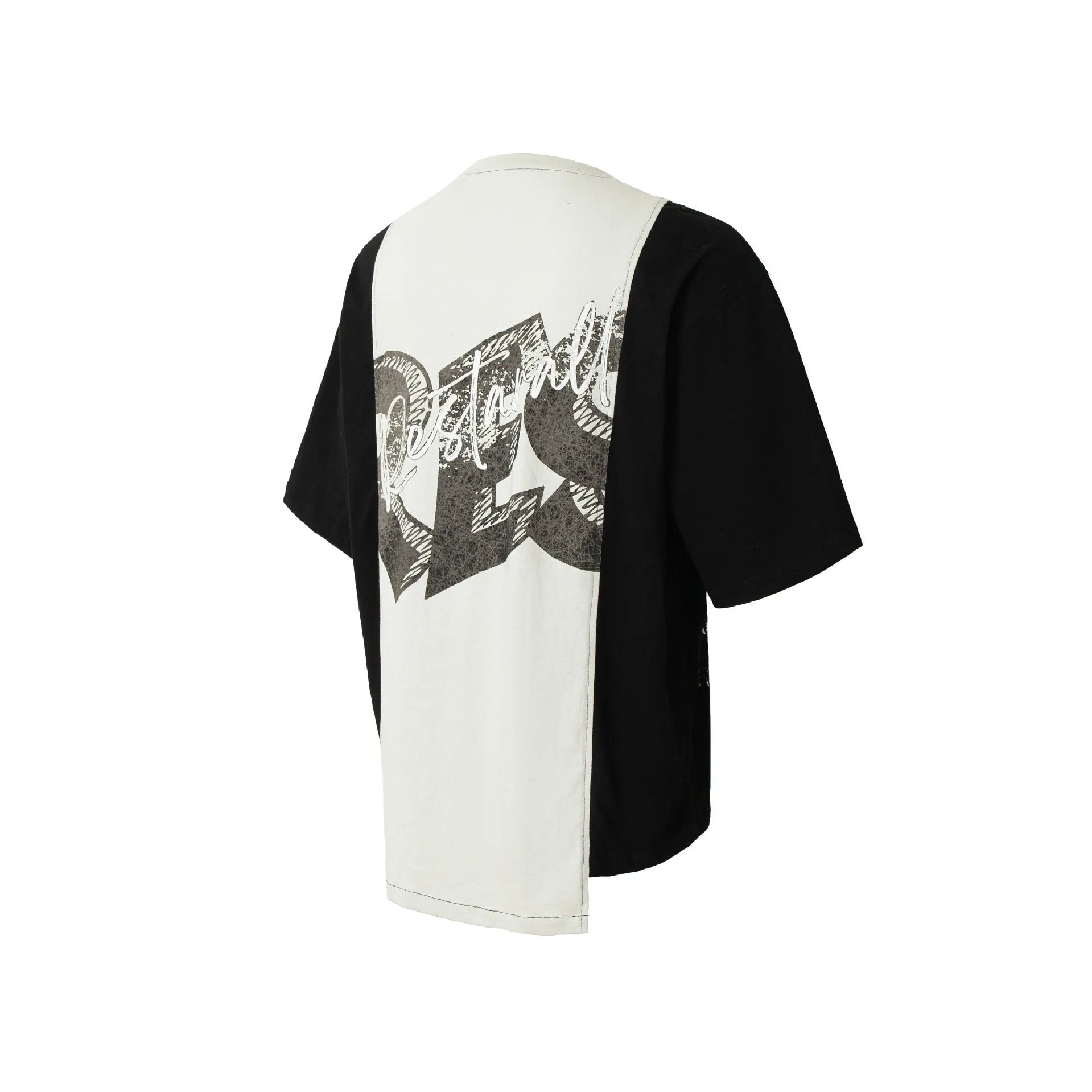 Black and white broken collage printed cotton blend t-shirt with loose streetwear fit and short sleeves