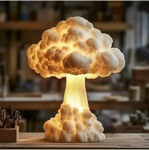 Modern art style atomic bomb mushroom cloud shaped table lamp with USB power cable.
