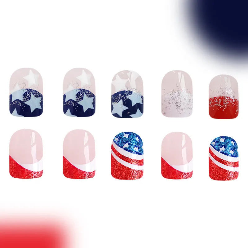 Independence day nail art set with three patriotic designs featuring five-pointed stars for short European square nails