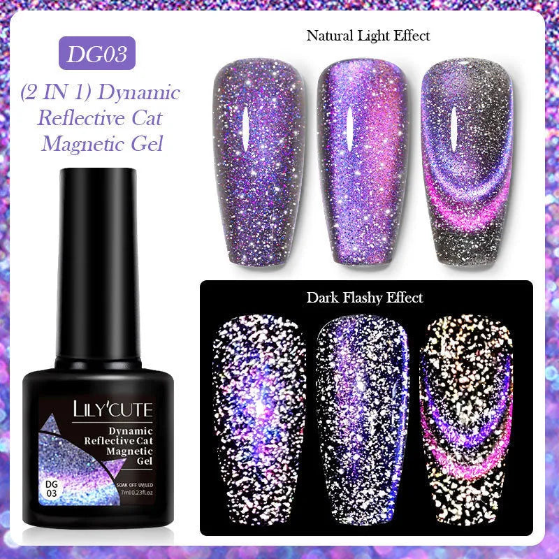 Cat eye nail polish gel bottles showing six colour options with diamond glitter fragments