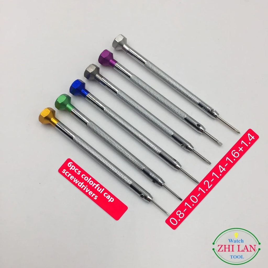 Set of six colour-coded aluminium handle screwdrivers and a meter tool for watch repair.