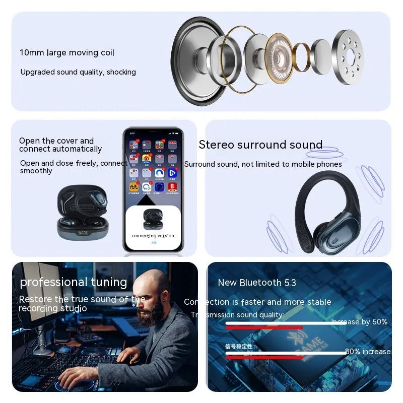 Wireless ear hook headphones with digital display charging case in black colour, noise reduction sports earbuds