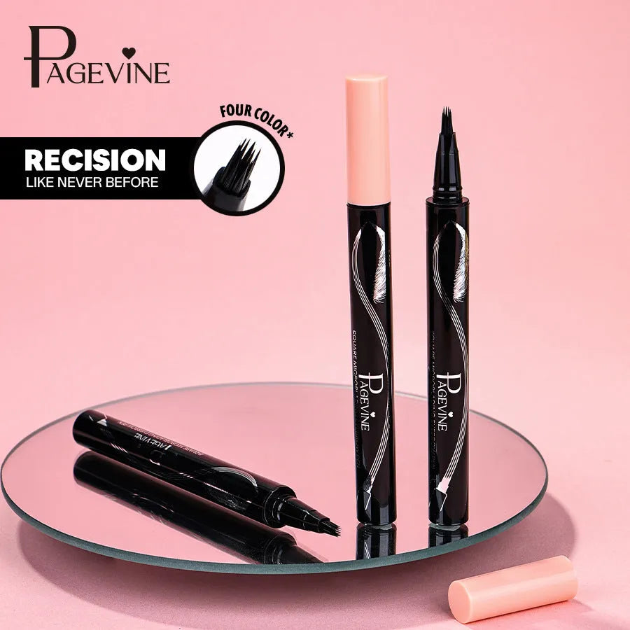 Four-fork waterproof sweatproof eyebrow pencil in black packaging with colour options Caramel Blonde, Mocha, Slate Brown, Black