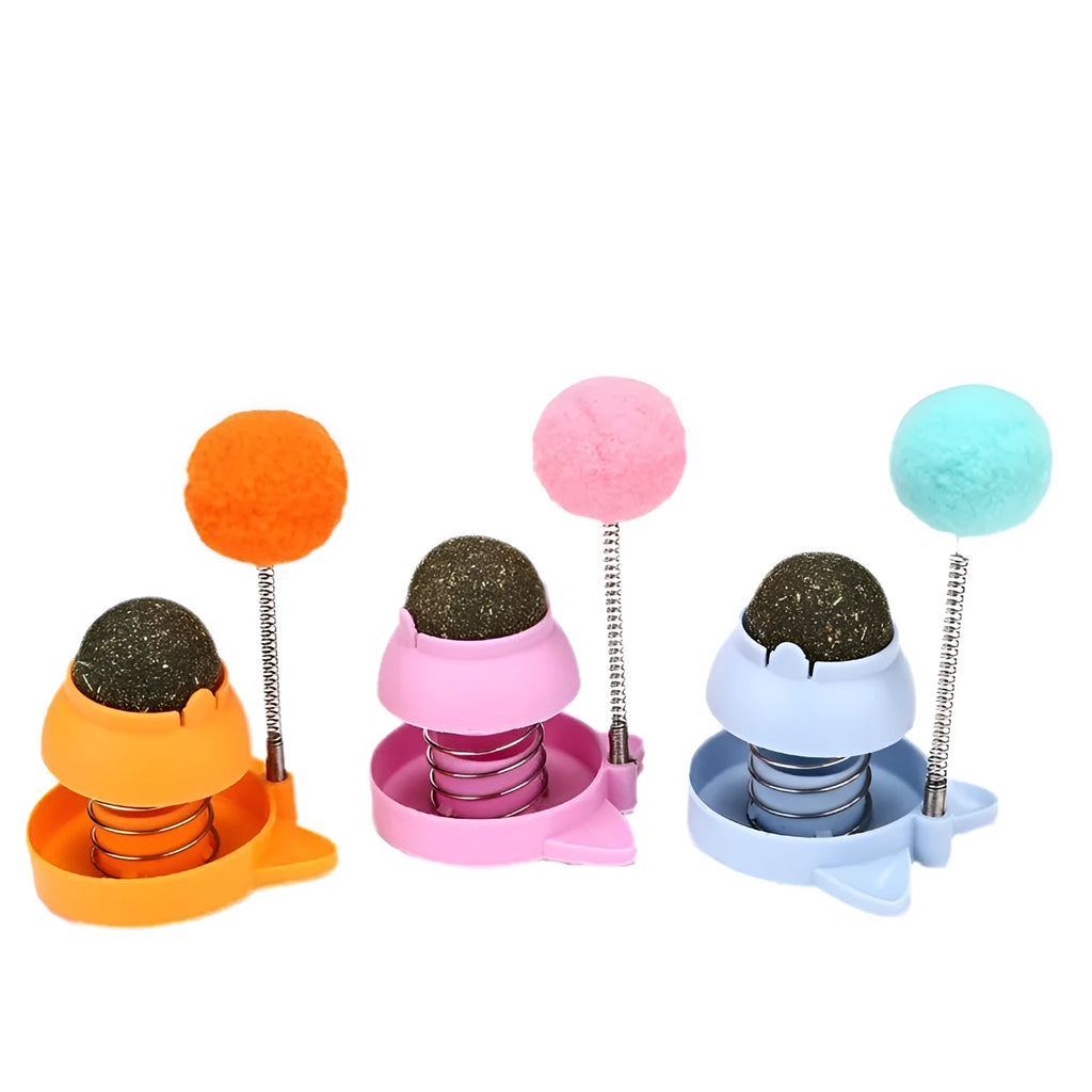 Lucky Cat Mint Ball cat toy in Blue, Orange, or Pink, showing 55mm diameter and licking cat design.