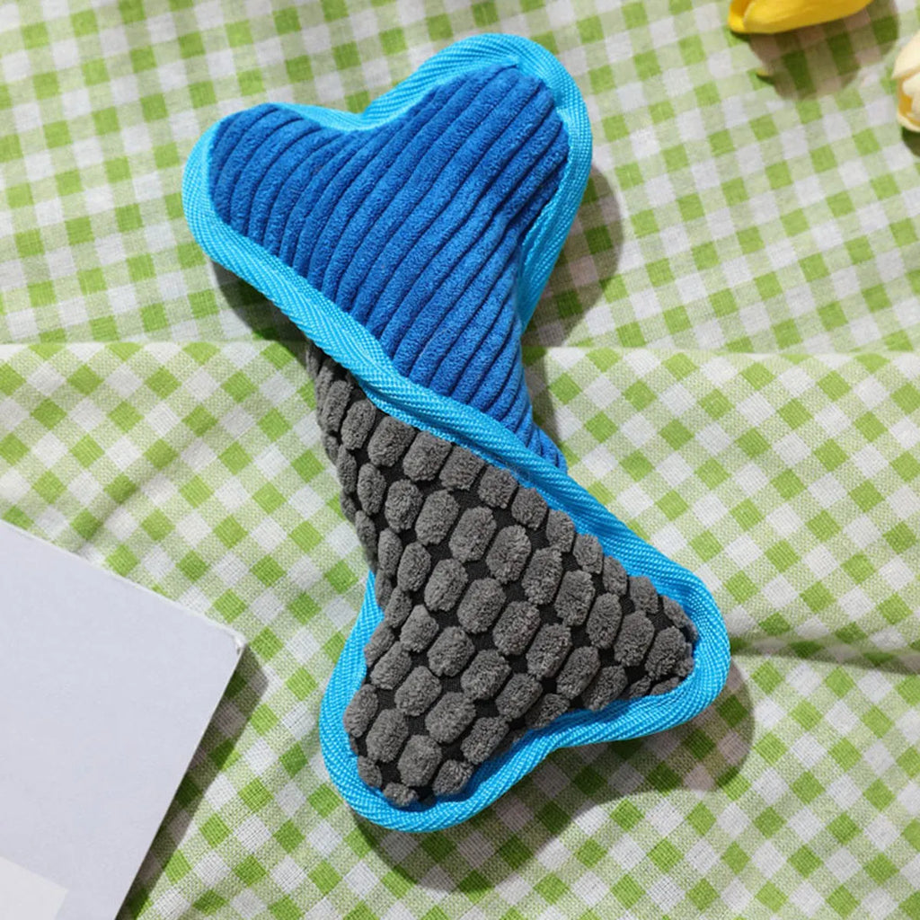 Teddy dog toy with bone squeaker in corn fleece with soft lining for bite-resistant chewing