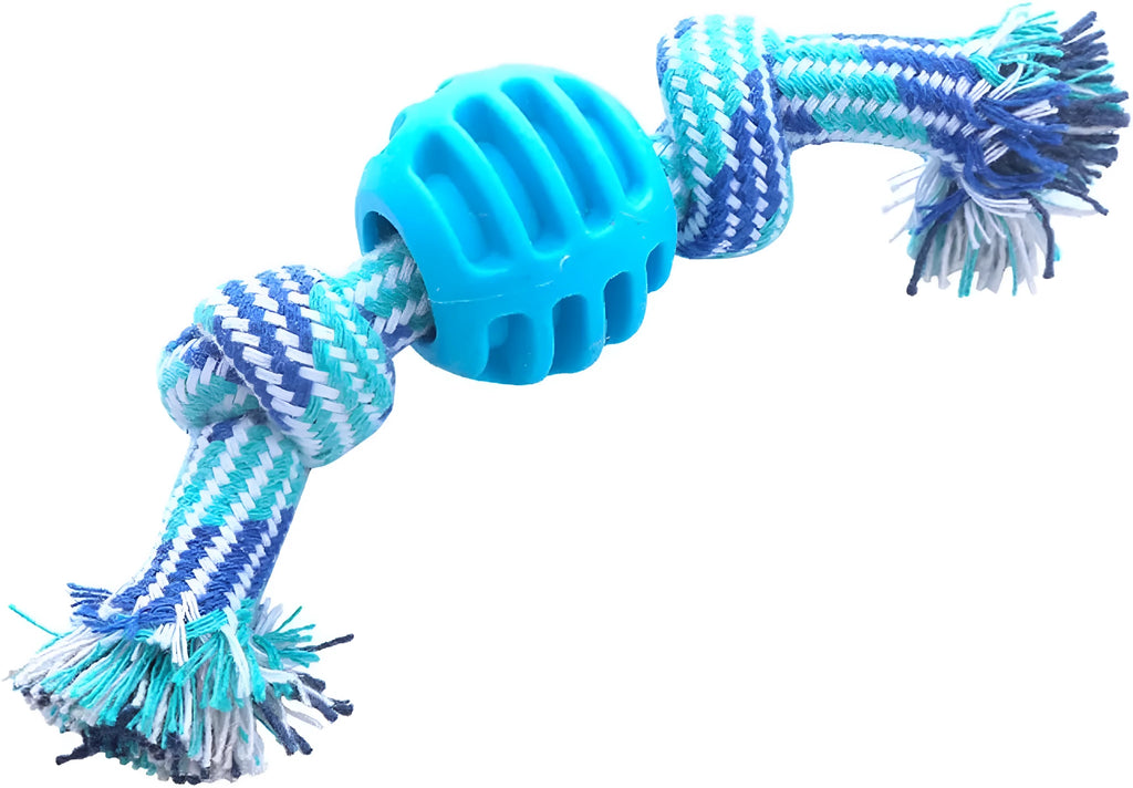 Blue dog chew toy with rope elements for dental cleaning and oral health protection