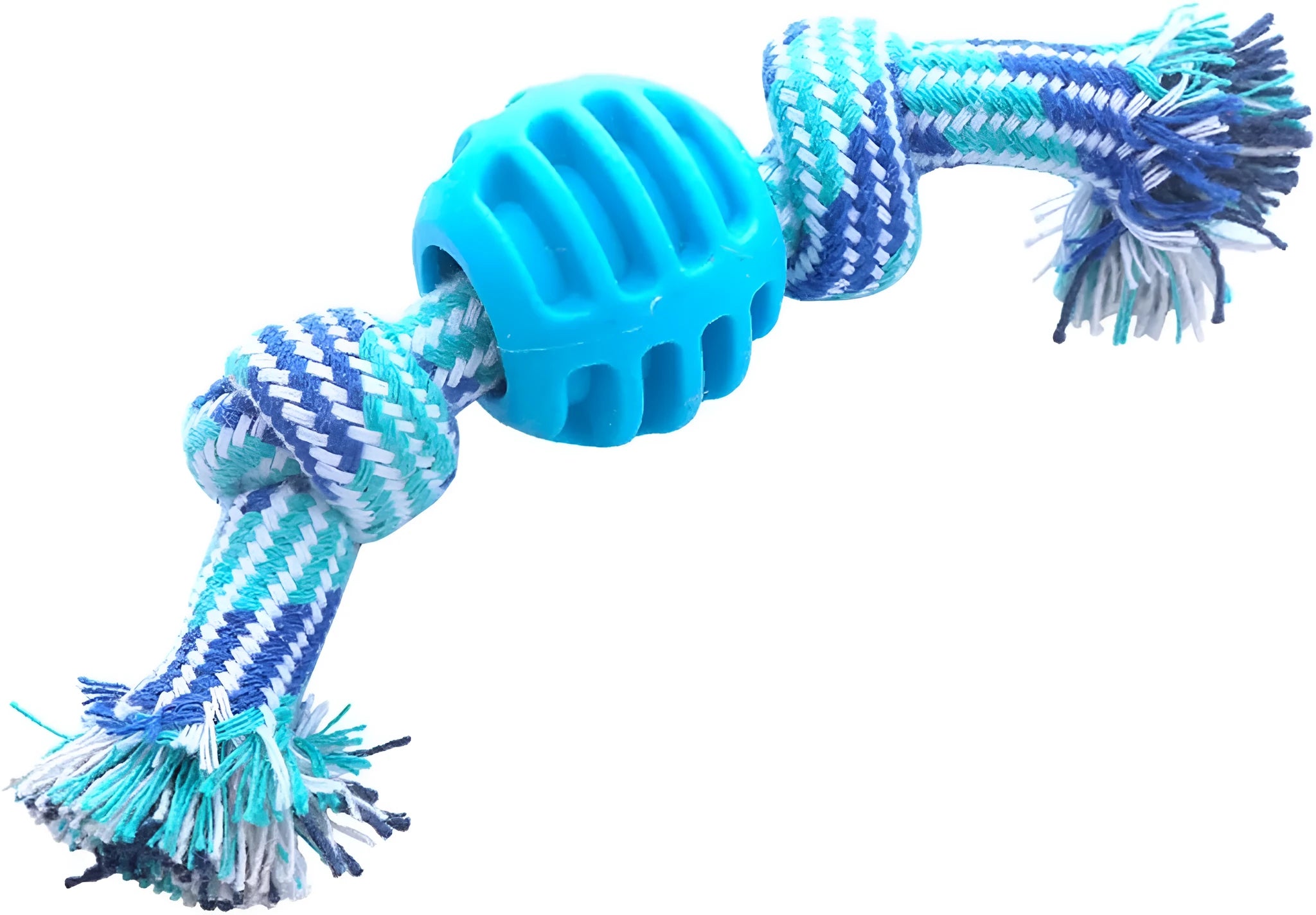Blue dog chew toy with rope elements for dental cleaning and oral health protection