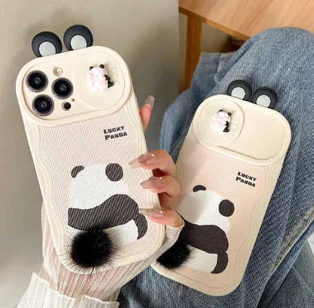 Furry panda phone case with hand-woven tail, soft silicone, for Apple iPhone