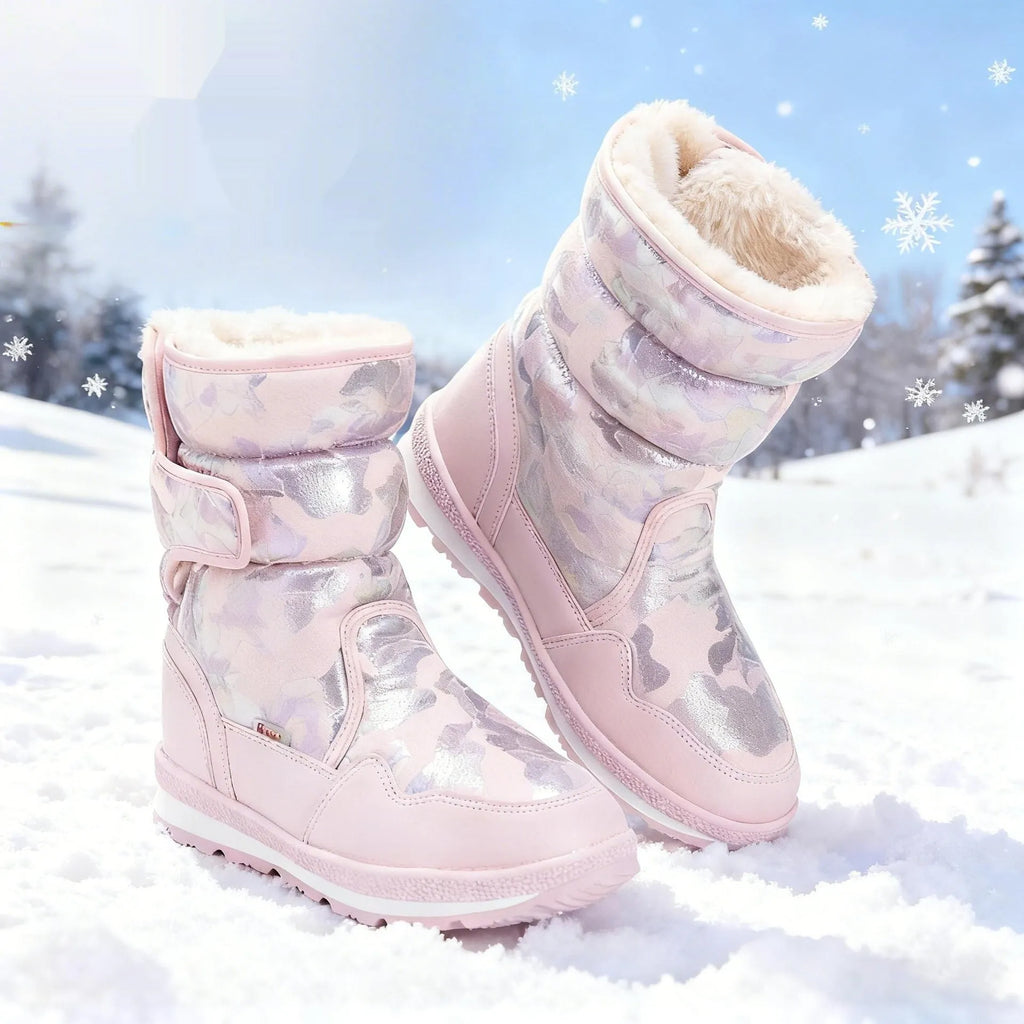 Fleece-lined children's winter snow boots with slip-resistant rubber sole in charcoal black colour
