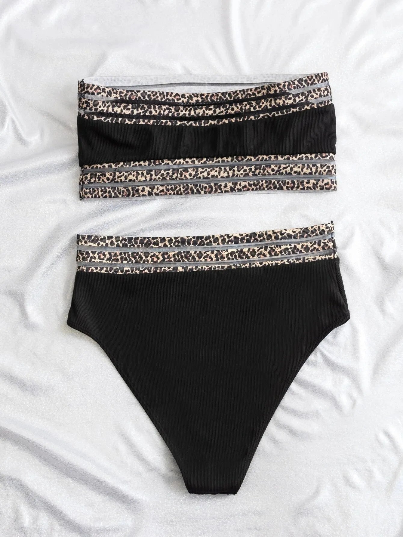 Black strapless split swimsuit with leopard print splicing detail, two-piece bikini set with briefs style