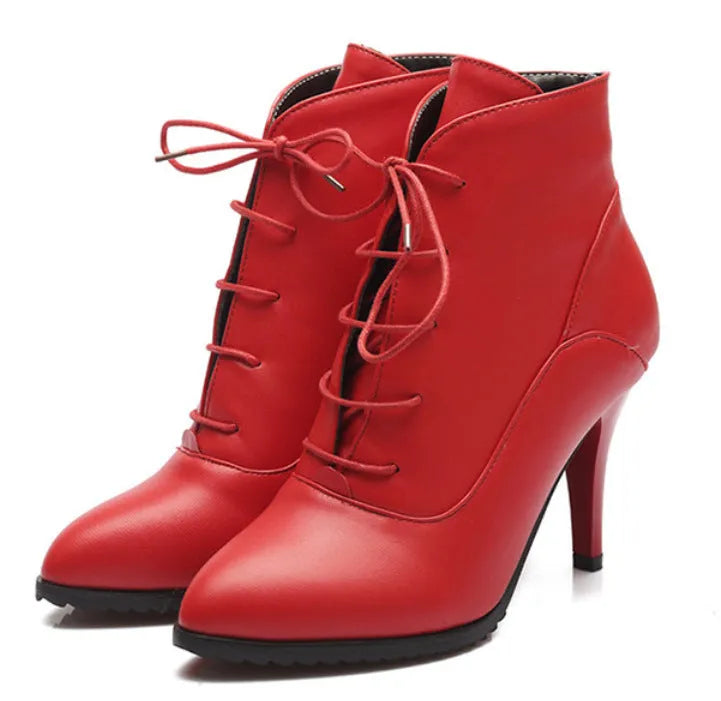Women's lace-up Martin boots with stiletto heel in black, brown, and red