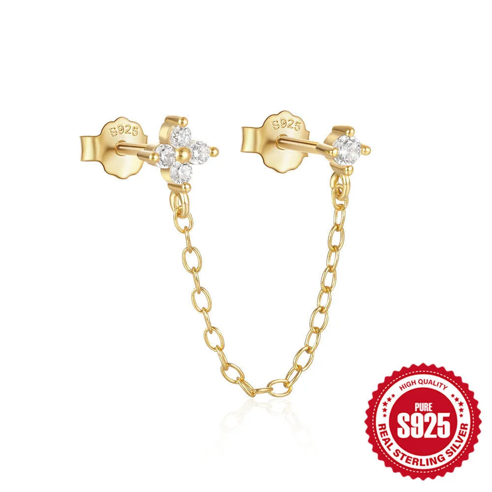 S925 sterling silver ear studs with a diamond flower, tassel, and chain design in a golden electroplated finish.