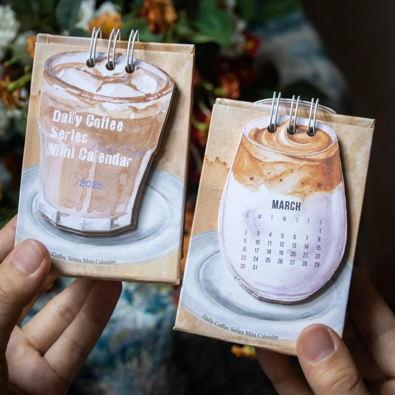2025 mini desk calendar set showing ten different paper designs including Coffee Time and Life Is Not Easy.