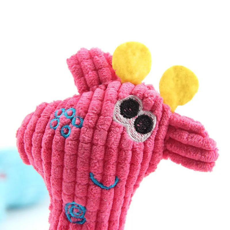 Blue deer shaped plush dog toy with corn grain texture and squeaker sound for pets