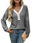 Women's loose V-neck button front casual top with patchwork design in multiple colours