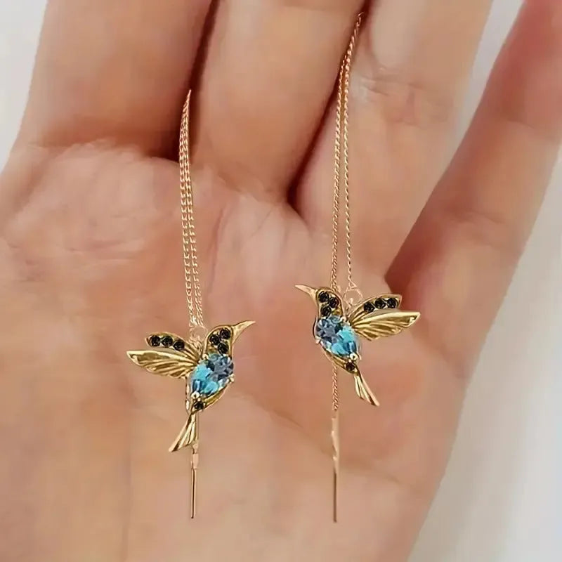 Long hanging bird design earrings for women with mixed zirconium wings, in red, blue, or red lvzuan.
