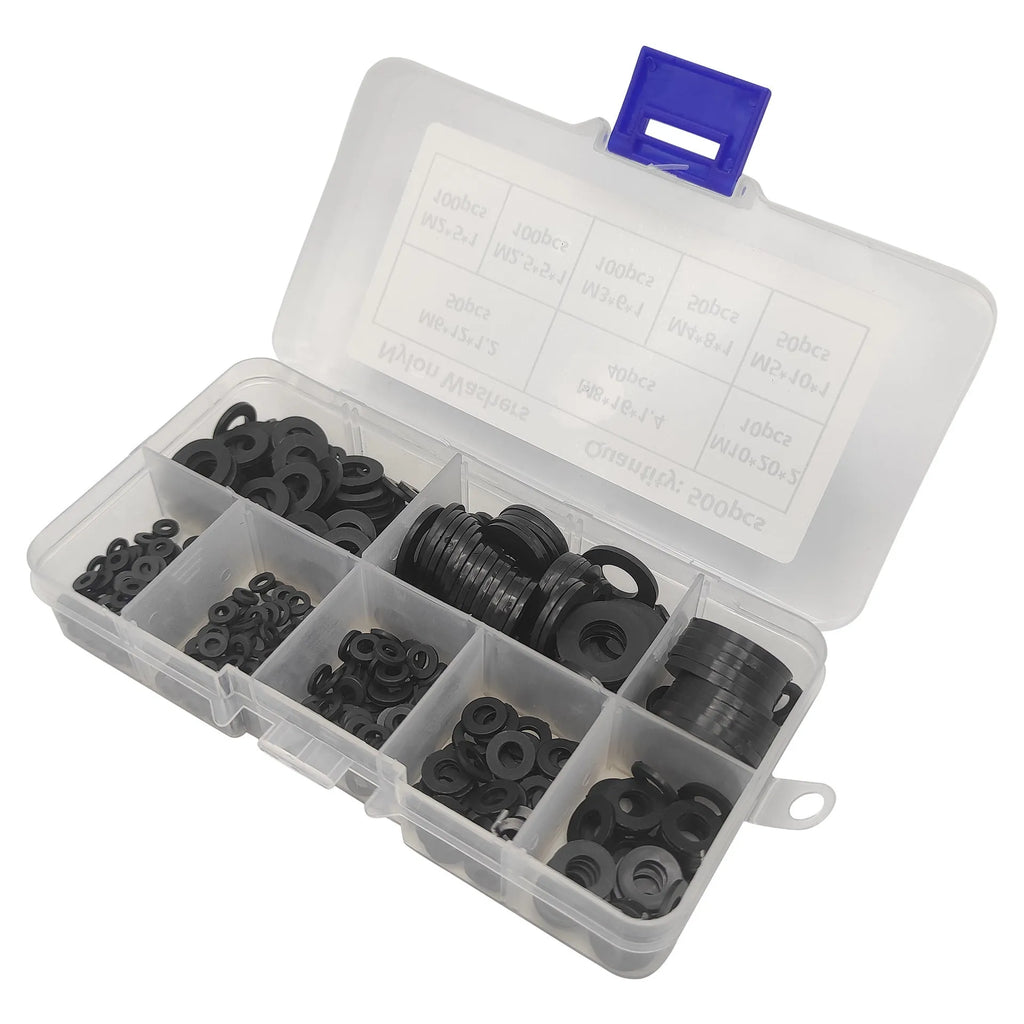 500 black nylon plastic flat gasket washers in metric sizes M2 to M10 in a storage box