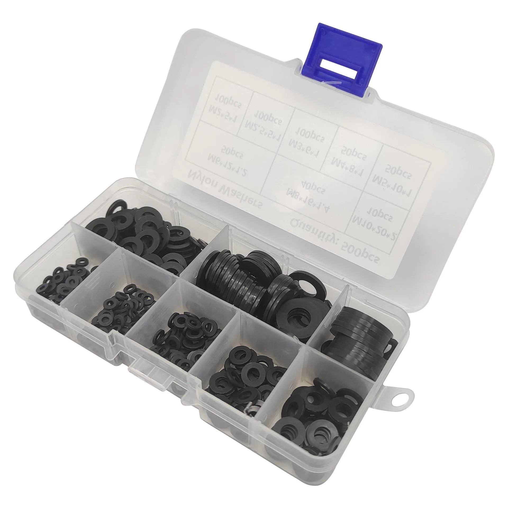 500 black nylon plastic flat gasket washers in metric sizes M2 to M10 in a storage box