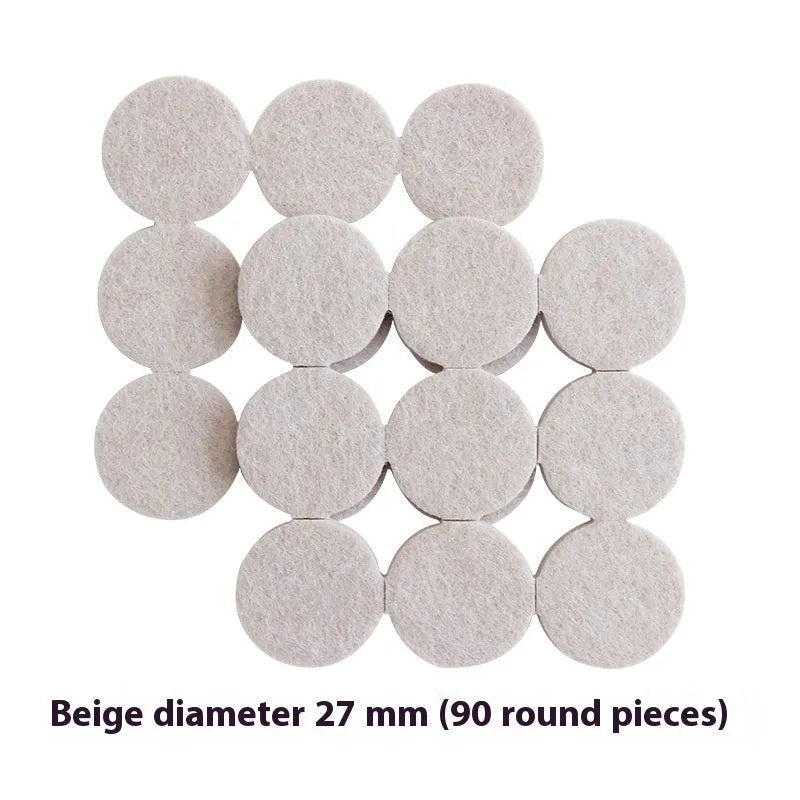 Beige plastic furniture leg protectors showing square and round pads in multiple sizes on a hard floor