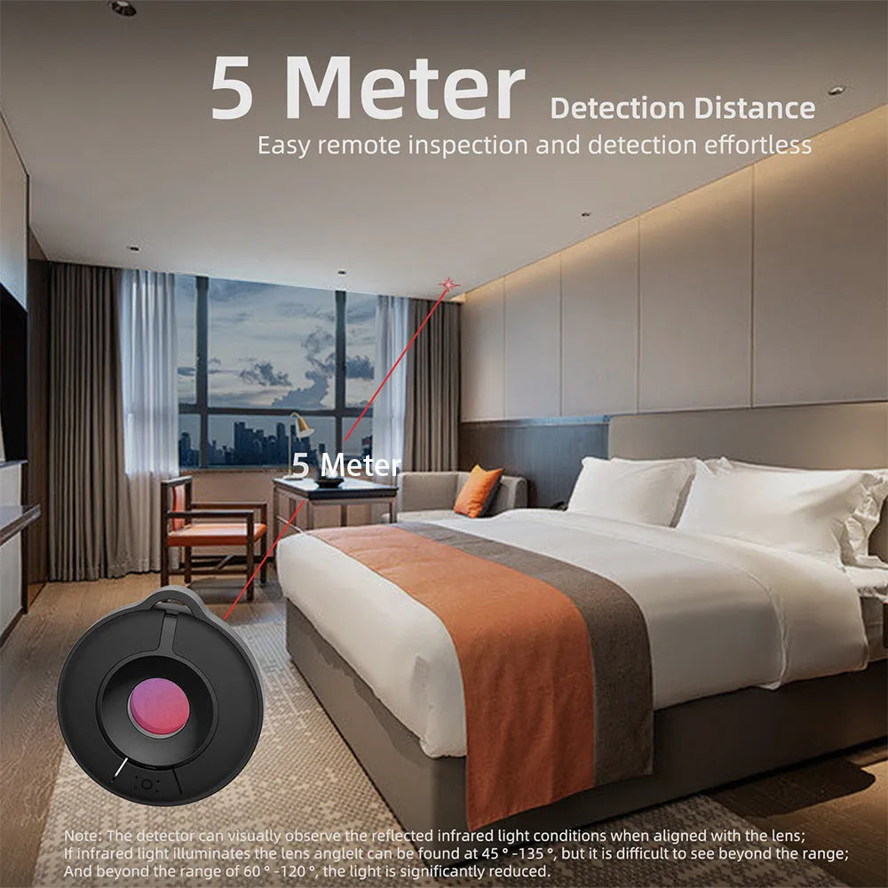 Black infrared camera detector with compact design for locating hidden cameras up to 5 metres away
