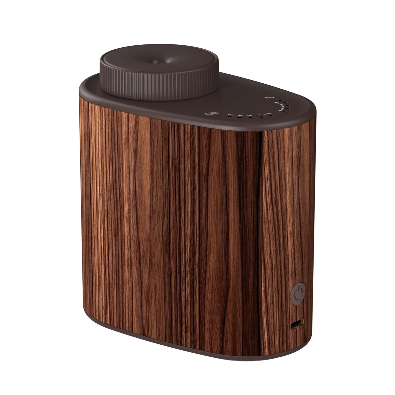 Creative nebulizing diffuser automatic aerosol dispenser with round plastic body, black wood texture finish, USB cable