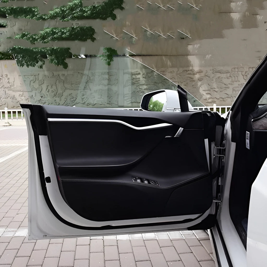 Carbon fibre protective film for Tesla Model S car door interior panels, four-piece pack.