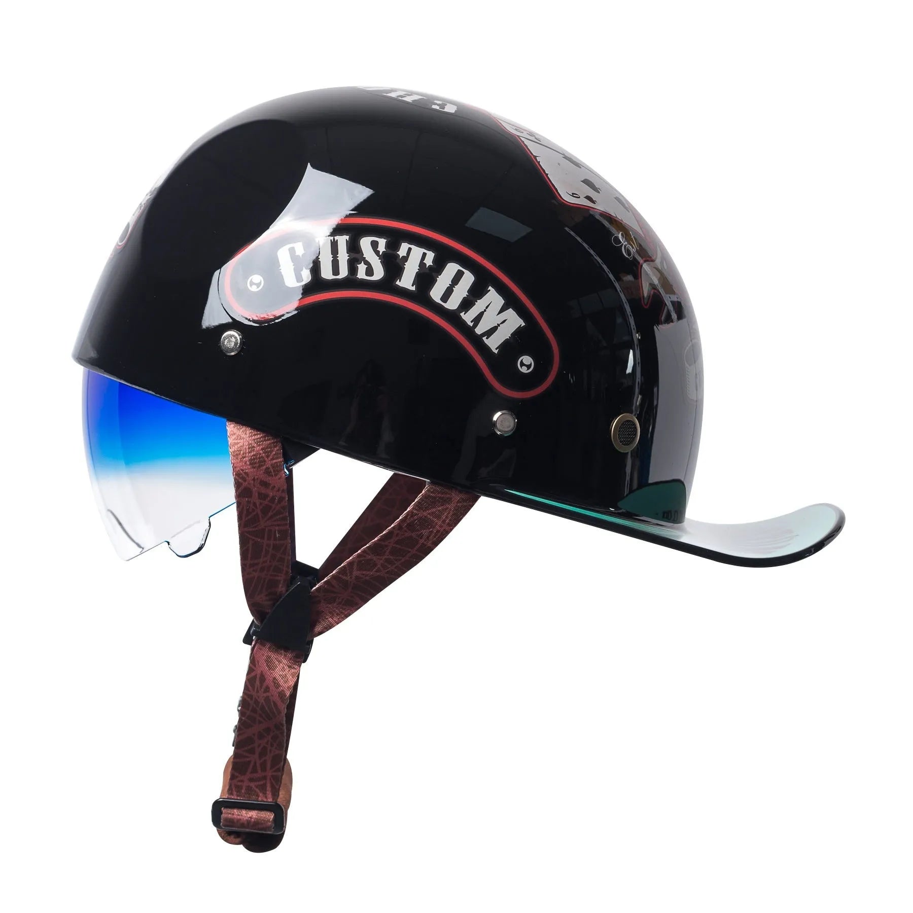 Men's retro half helmet for electric bicycles in bright black with blue gradient lens.