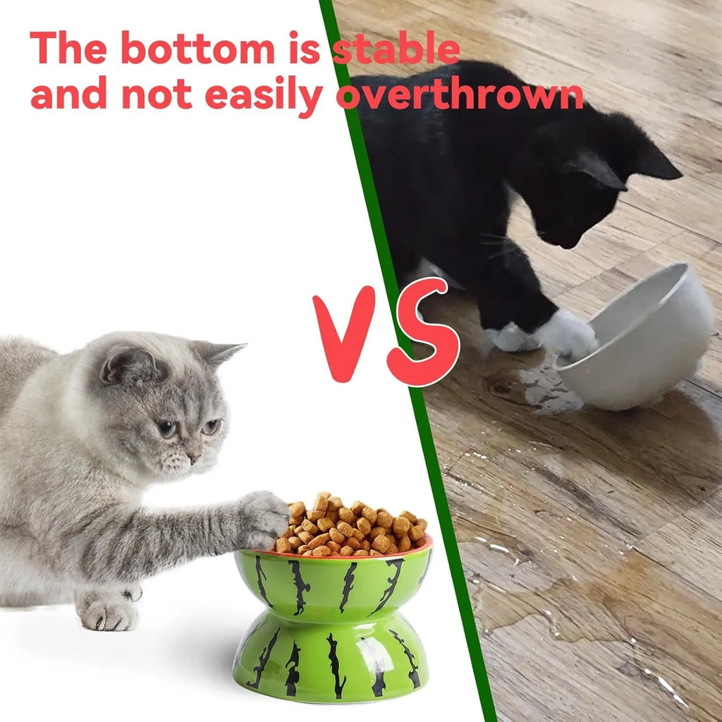Orange patterned ceramic elevated cat bowl on a white surface