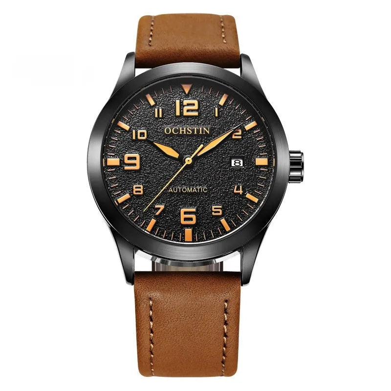Men's retro automatic watch with leather strap in black and silver colour options