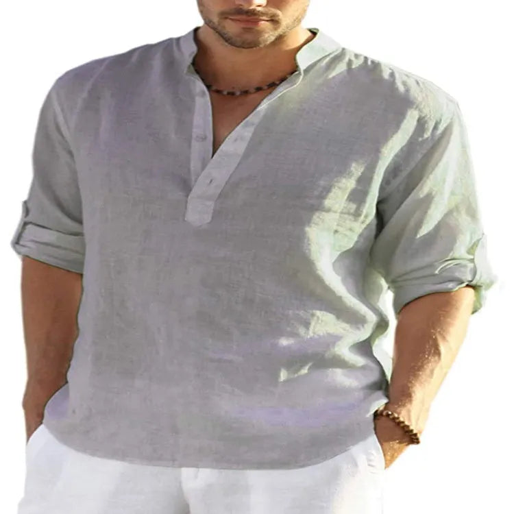 Men's solid colour long sleeve shirt with a stand collar, made from a cotton and linen blend fabric.