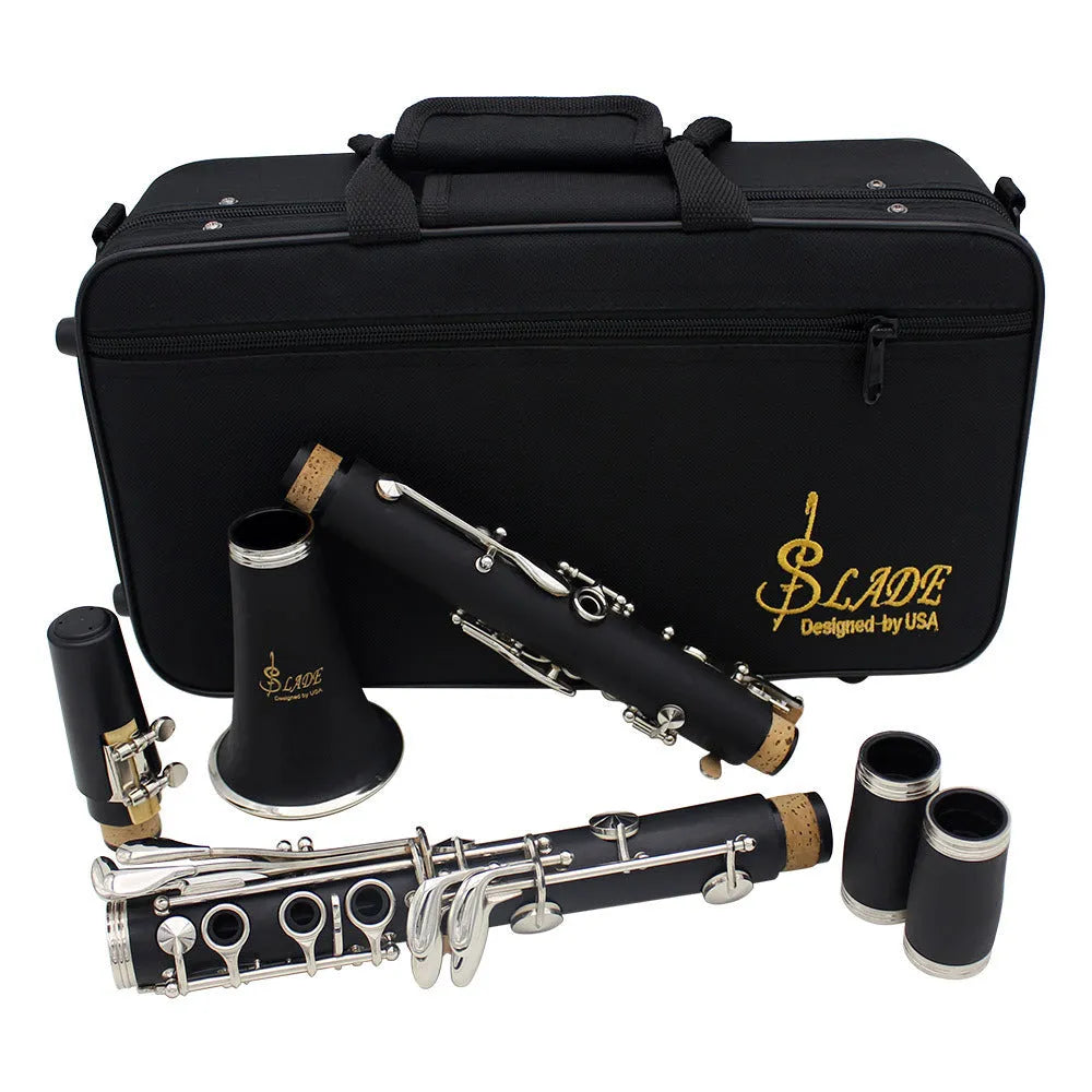 Black Bakelite beginner clarinet with nickel keys and included instrument bag
