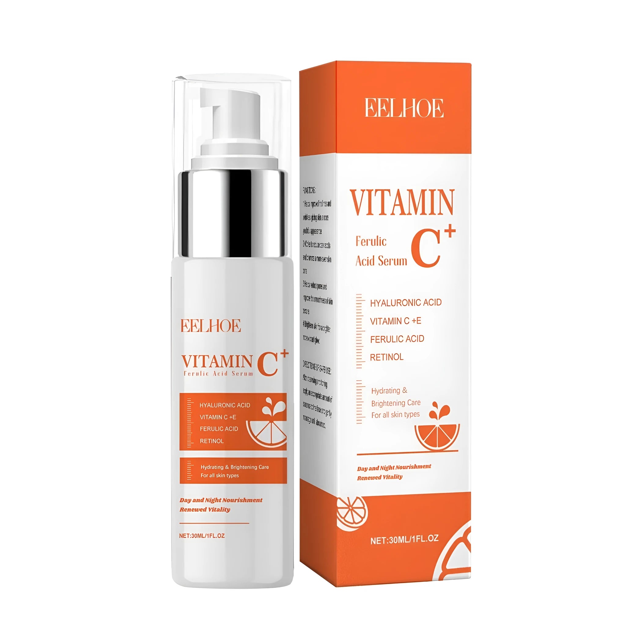 30ml bottle of Vitamin C Ferulic Acid Serum with hyaluronic acid and retinol