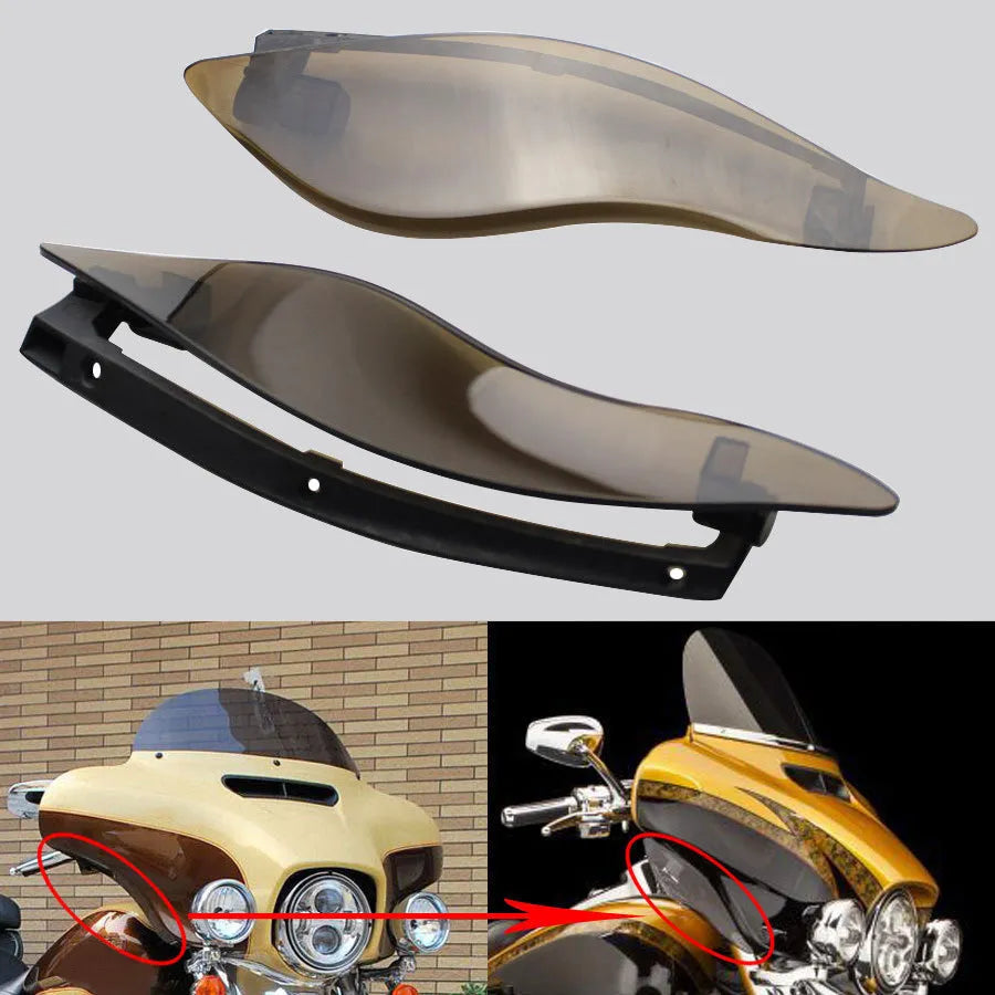 Pair of smoked ABS plastic motorcycle side wing panels for Harley trike models.