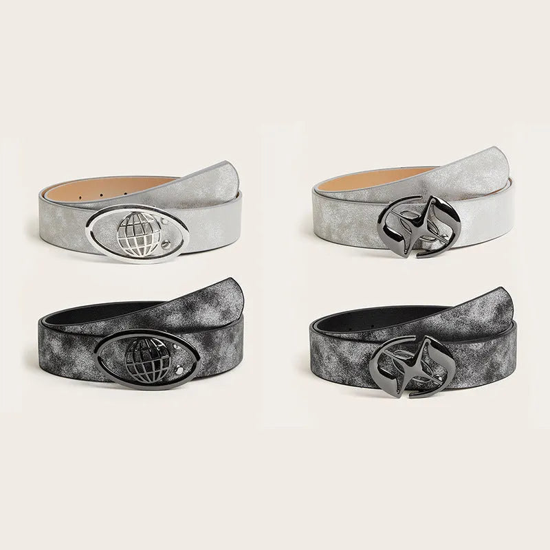 Retro thick grey and white women's belt with oval-shaped antique alloy buckle on PU leather strap.