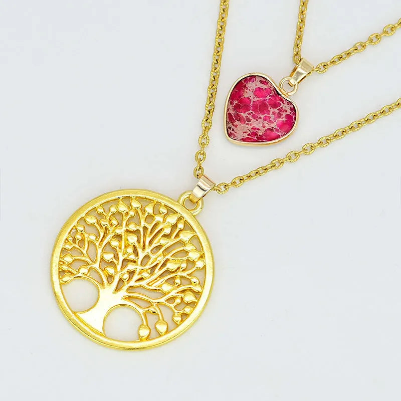 Red heart emperor stone tree of life pendant necklace on chain, 2.5cm pendant, 45cm length