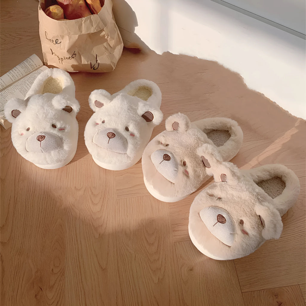 Women's plush suede slippers in milky white with cartoon pattern and round toe design