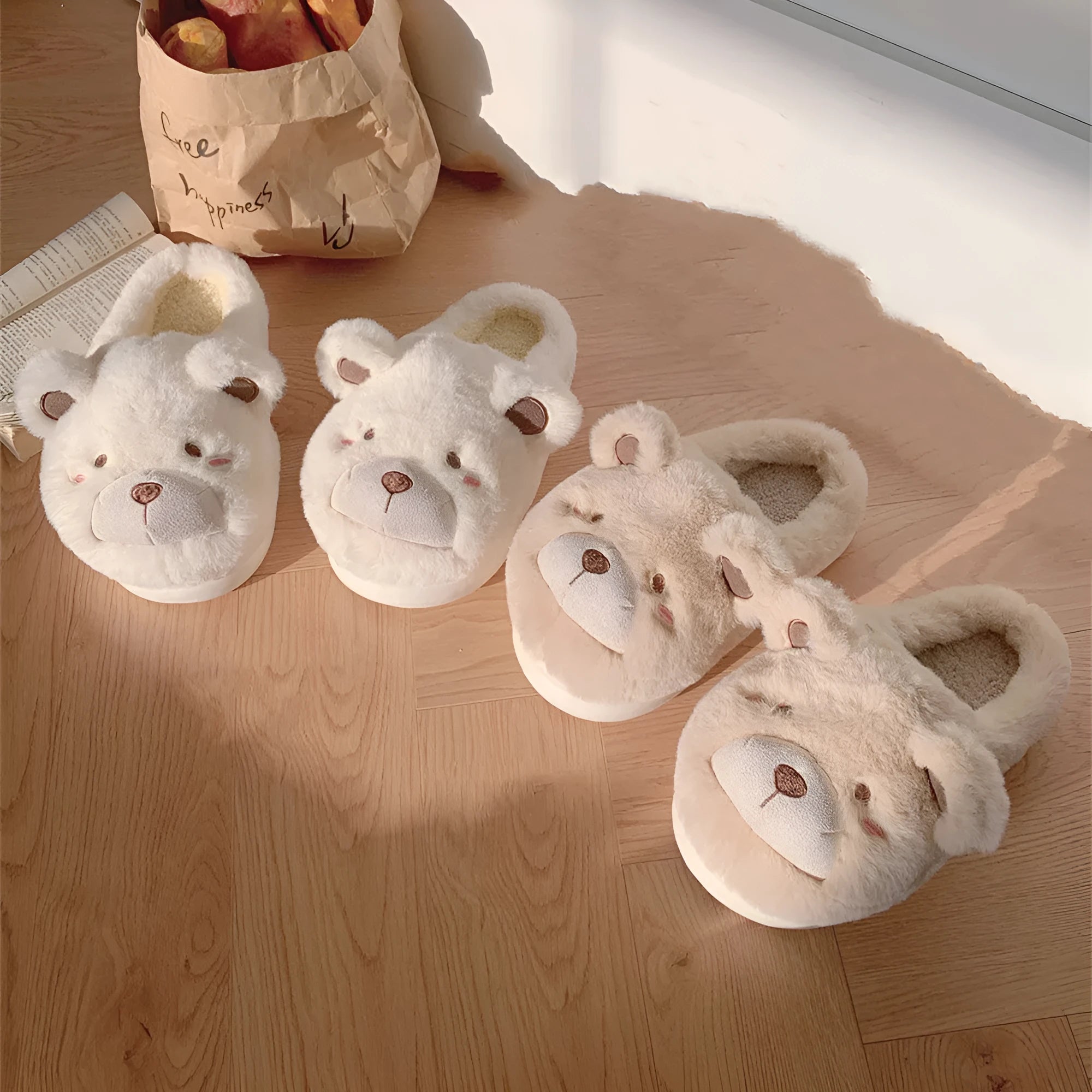 Women's plush suede slippers in milky white with cartoon pattern and round toe design