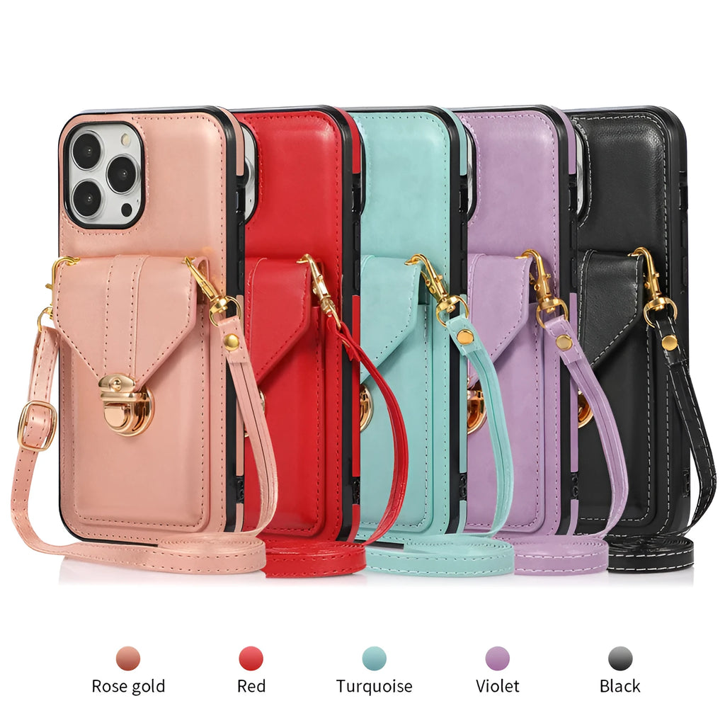 Creative Card Leather Diagonal Lanyard New Mobile Phone Case in black with lanyard and card slot