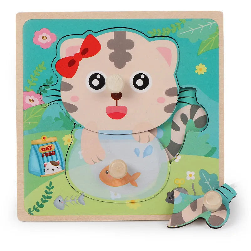 Wooden children's dowel pin hand holding puzzle board with colourful animal themes for ages 4-6
