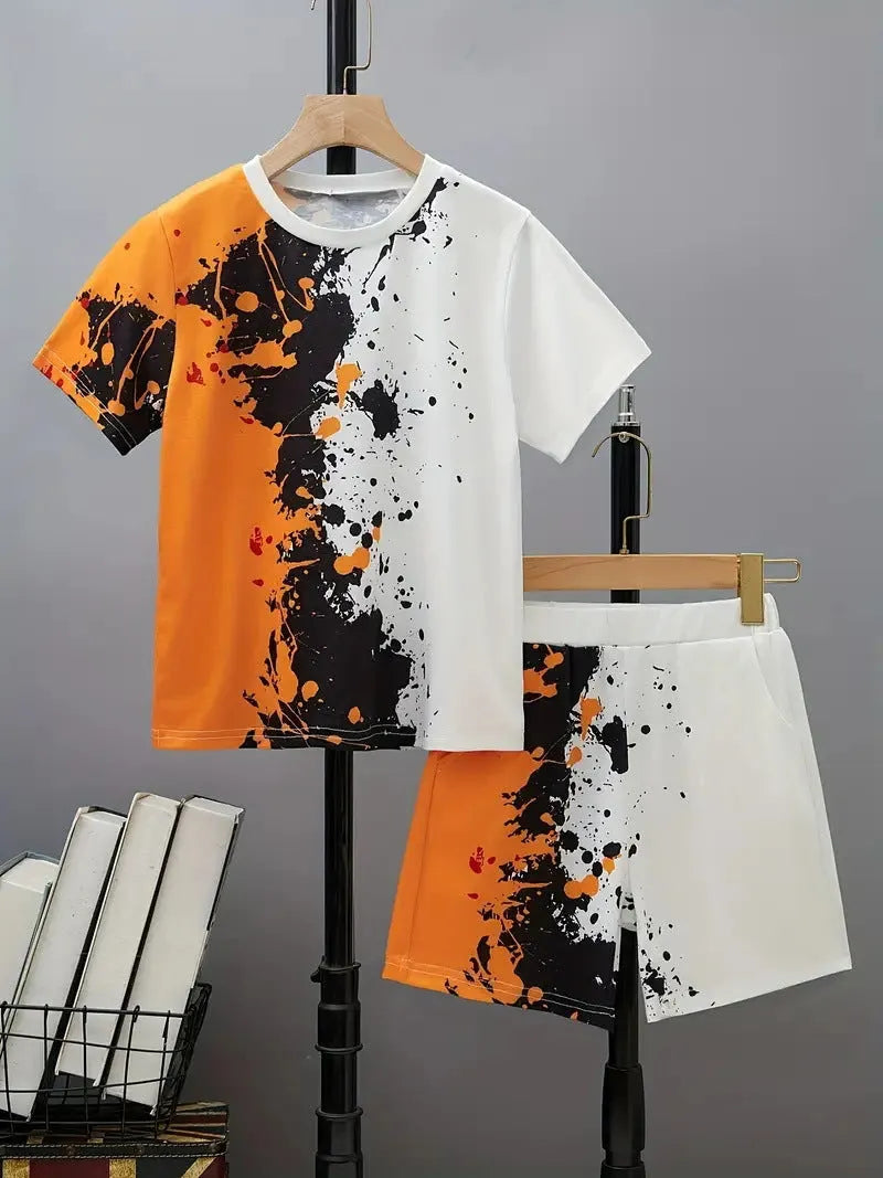Boys' short sleeve cotton blend t-shirt and shorts set with animal pattern, available in multiple colours